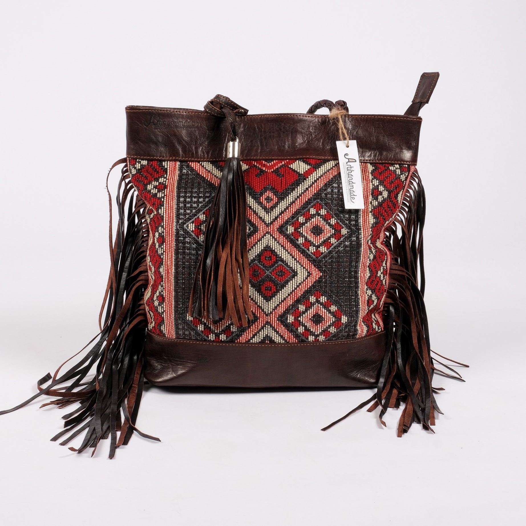 Leather Tote Bag, Leather Fringed bohemian Shoulder Bag