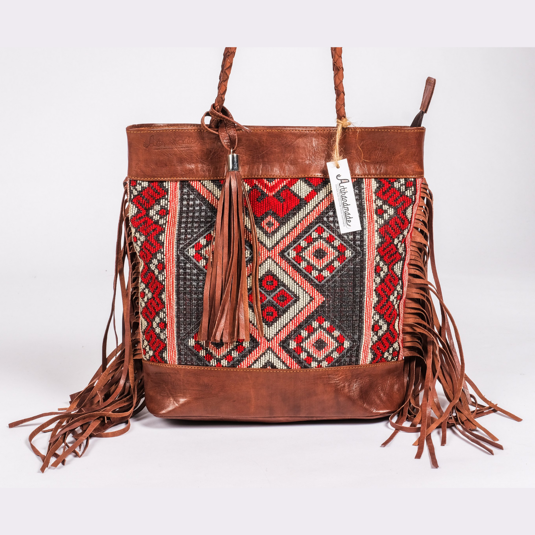 Leather Tote Bag, Leather Fringed bohemian Shoulder Bag